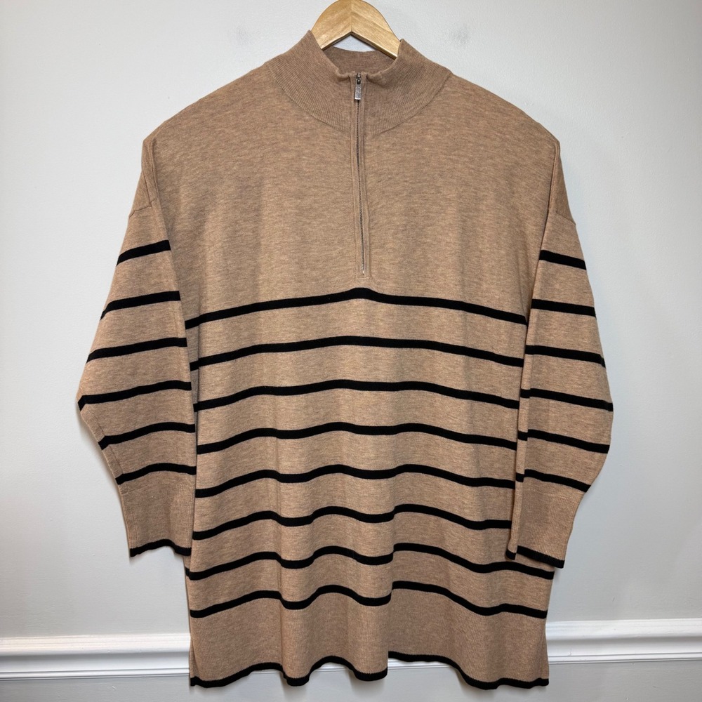 Ava & Viv Womens 3X Tan Black Striped Quarter Zip Mock Neck Pullover Sweater